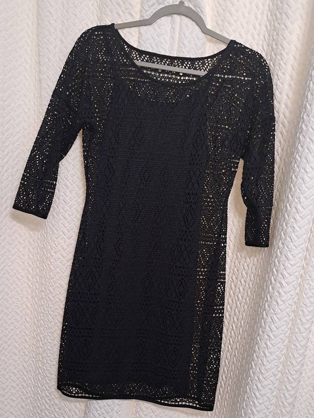 Express Black Crochet Mini Dress with Three-Quarter Sleeves